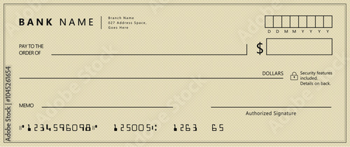 Bank check, vector blank money cheque, checkbook template with guilloche pattern and fields. Currency payment coupon, money check background