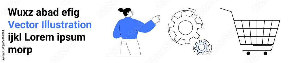 A person pointing towards gears and a shopping cart ideal for online shopping technology development user experience digital marketing and automation. Banner for landing page