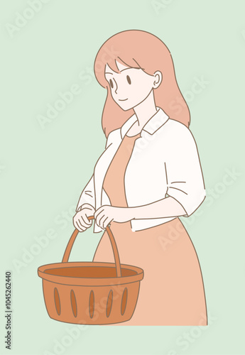 Young woman holding empty shopping basket, going to the supermarket. Hand drawn flat cartoon character vector illustration.