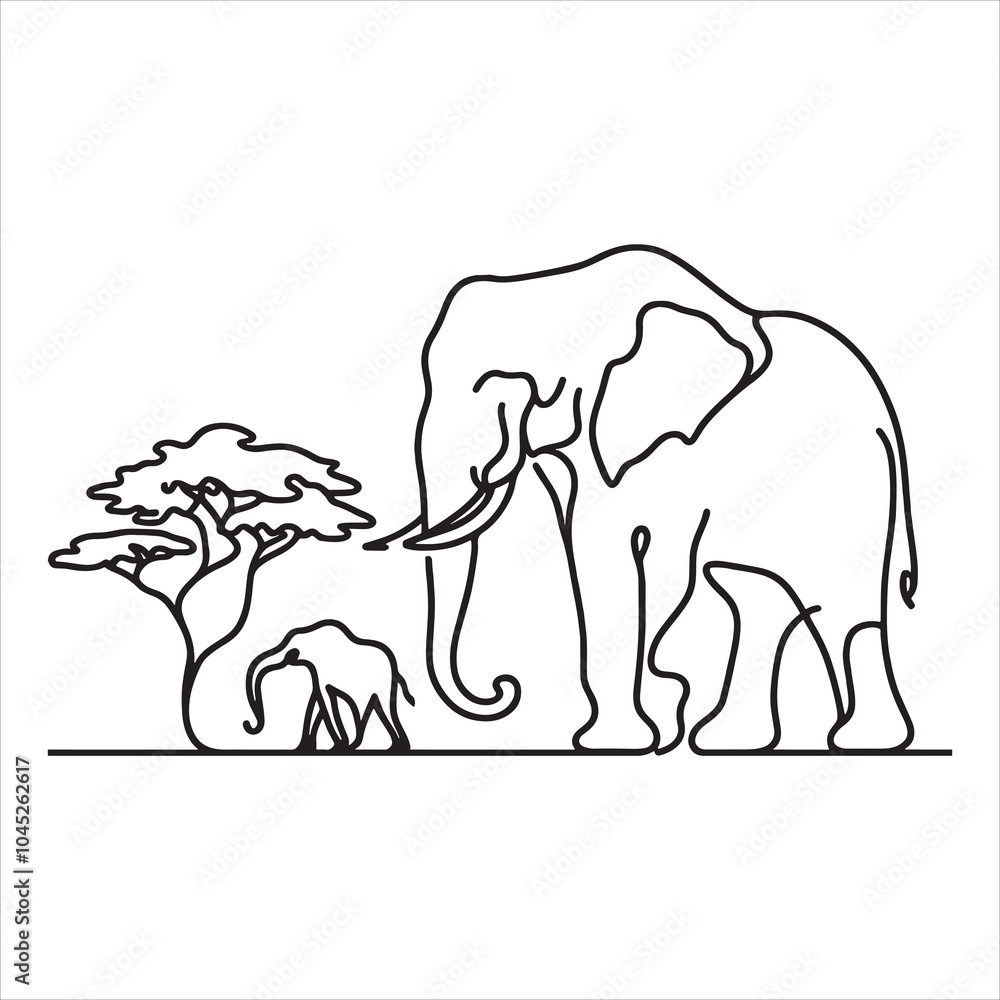 Fototapeta premium single one line asian elephant and African elephant silhouette on white background 