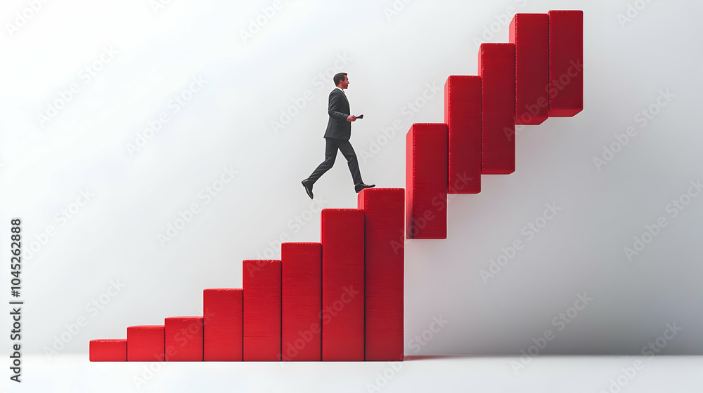 3D Icon Businessman Climbing Staircase Bar Graphs Symbolizing Business Growth Isolated White Background Creative Professional Ascent Progress Minimalistic Copy Space