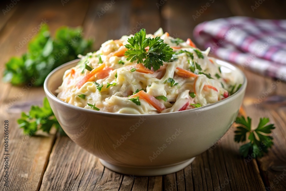 Fresh coleslaw with creamy dressing garnished with parsley Fresh coleslaw with creamy dressing garnished with parsley