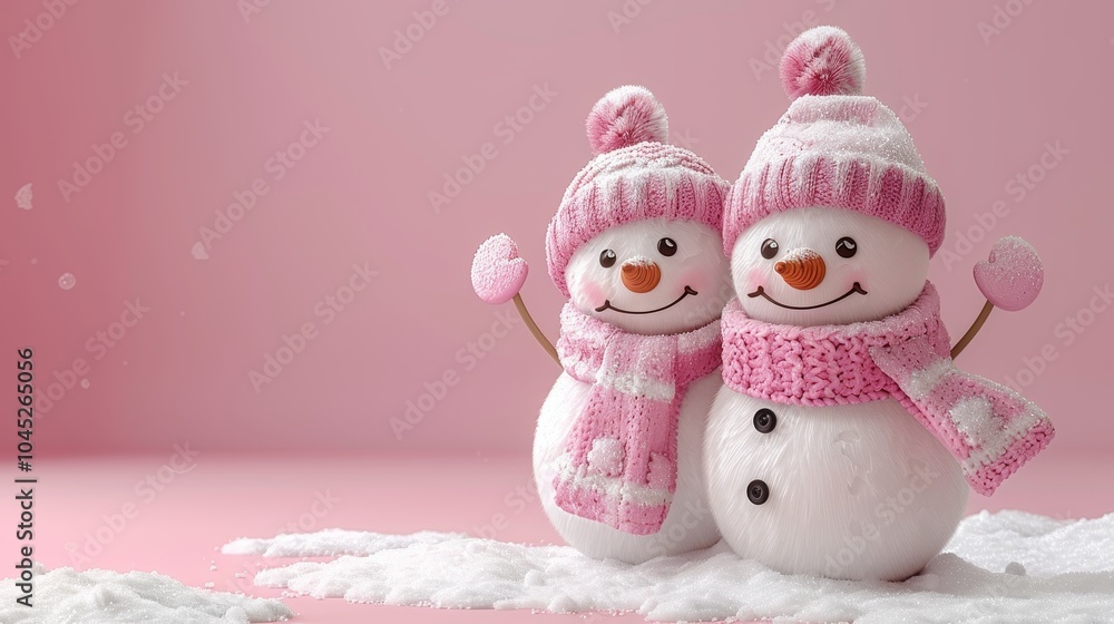 Two cute snowmen in bright pink hats and scarves smile against a soft pink backdrop, surrounded by a light dusting of snow, creating a warm winter atmosphere. Copy space Two cute snowmen in bright pink hats and scarves smile against a soft pink backdrop, surrounded by a light dusting of snow, creating a warm winter atmosphere. Copy space