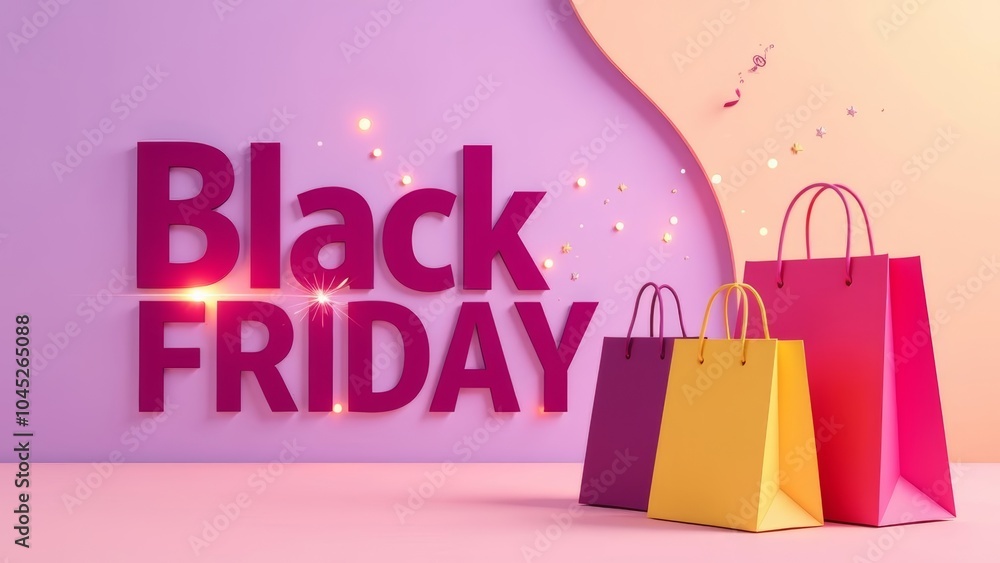 Black Friday colorful background, purple pink and yellow shopping bags, sale promotion Black Friday colorful background, purple pink and yellow shopping bags, sale promotion