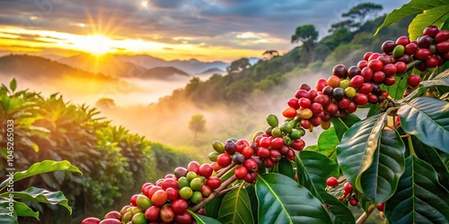 Wallpaper Mural Fresh coffee berries at plantation farm sunrise foggy morning Torontodigital.ca