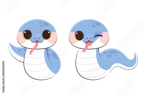 Two illustrations of cute blue snake characters. A smiling face, a winking face.