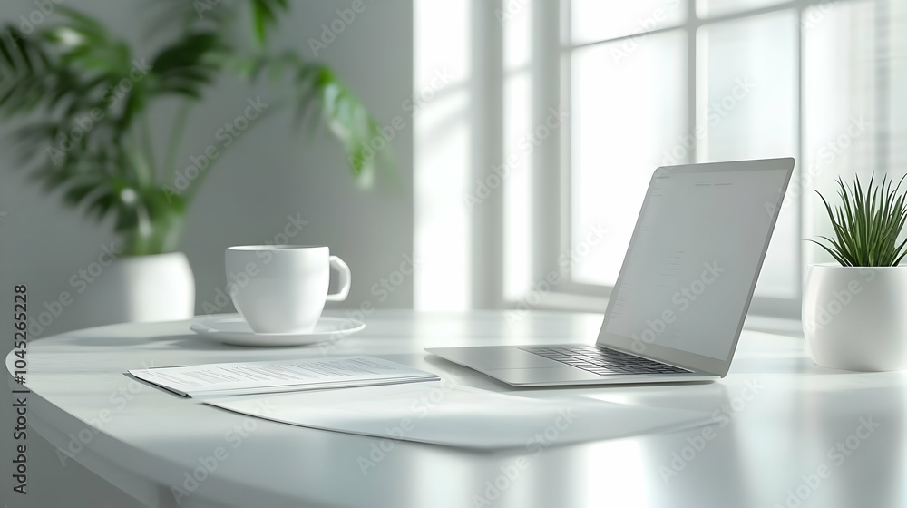3D Modern Workspace Setup Laptop Financial Documents Coffee Glossy White Desk Productivity Efficiency Business Advertising Concept 3D Modern Workspace Setup Laptop Financial Documents Coffee Glossy White Desk Productivity Efficiency Business Advertising Concept