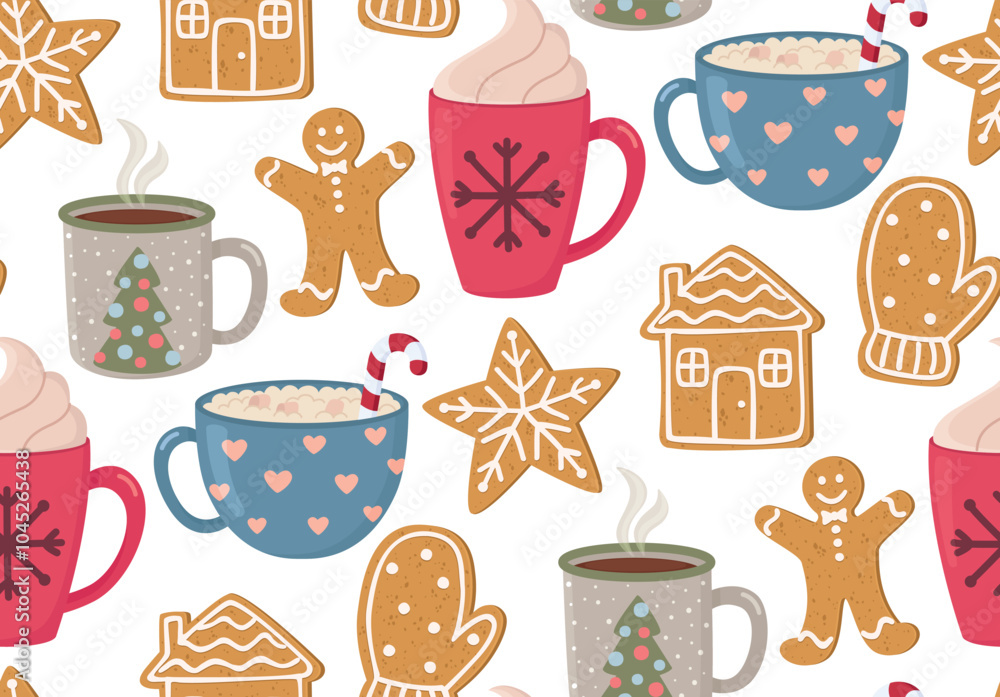 Seamless background with hot drinks and gingerbread cookies. Cute pattern with christmas cups and sweets Seamless background with hot drinks and gingerbread cookies. Cute pattern with christmas cups and sweets