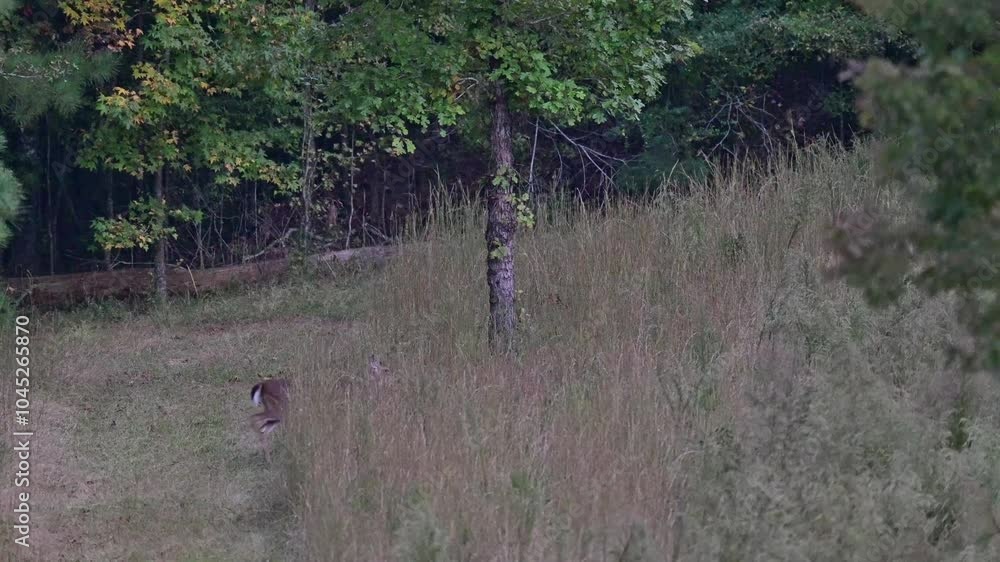 Whitetail deer doe crossing an overgrown farm field at dusk Whitetail deer doe crossing an overgrown farm field at dusk