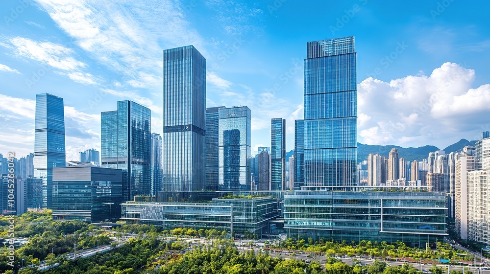 Obraz premium Modern city skyline with tall glass skyscrapers, green spaces, and clear blue skies