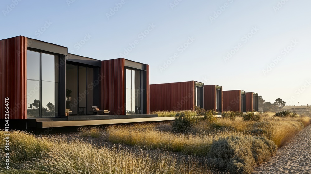 Modern exterior view of modular houses with sleek architecture, clean lines, and minimalist design, set against a clear sky. Modern exterior view of modular houses with sleek architecture, clean lines, and minimalist design, set against a clear sky.