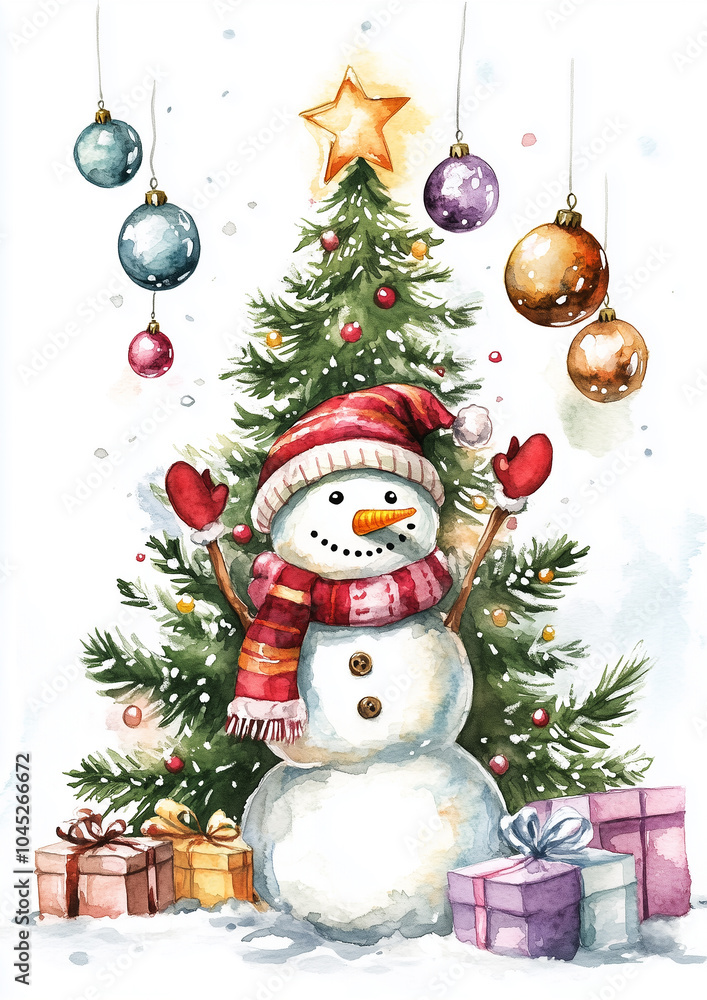 Watercolor cute drawing showing a Christmas tree and a smiling snowman carefully hanging glass balls on the tree on a white background Watercolor cute drawing showing a Christmas tree and a smiling snowman carefully hanging glass balls on the tree on a white background