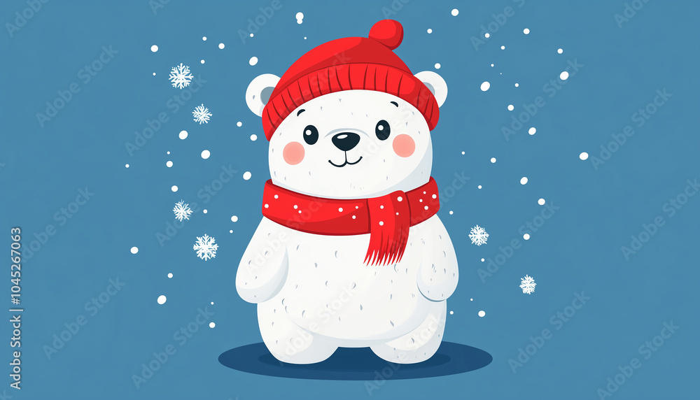 Polar white little small bear cub wearing hat and red scarf.Flat design Winter blue background Snow flake Polar white little small bear cub wearing hat and red scarf.Flat design Winter blue background Snow flake