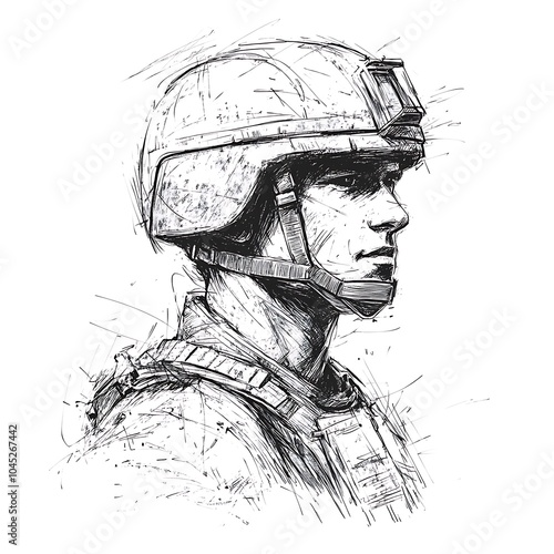 Pen and ink sketch of a soldier in profile wearing a helmet.