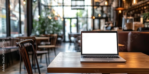 Open laptop with a blank screen on a wooden table in a cozy café with warm lighting and blurred background