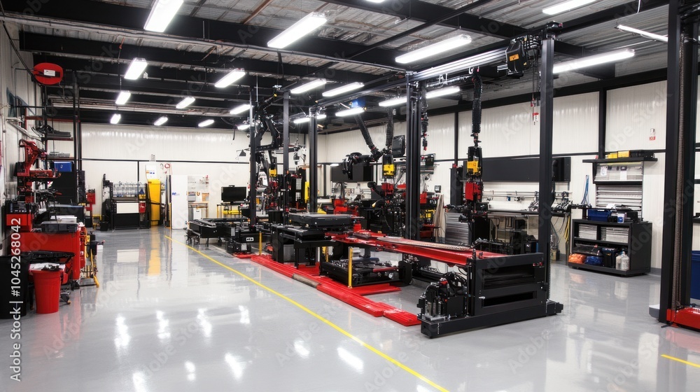 Fototapeta premium Chassis components production facility, with specialized machinery crafting critical vehicle structures.