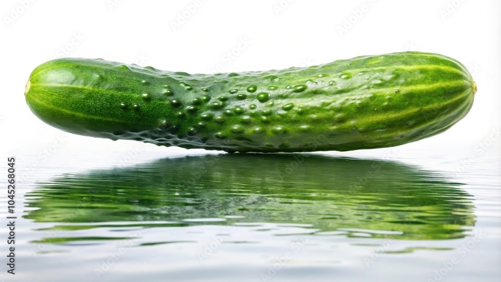 Fresh green cucumber floating on white background