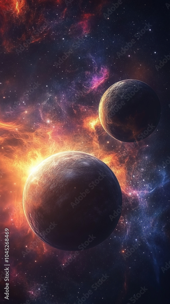 Obraz premium Two planets in space with vibrant nebula background