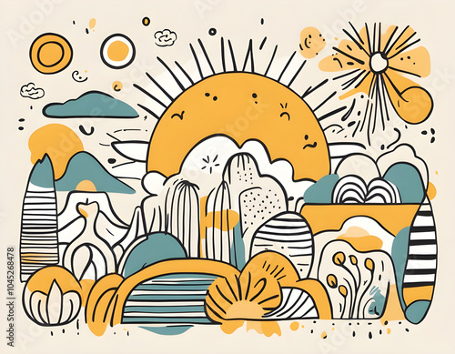 Abstract hand drawn doodle sunshine shapes in trendy childishly, naive art styleGroovy, hippie, retro sunny background.  photo