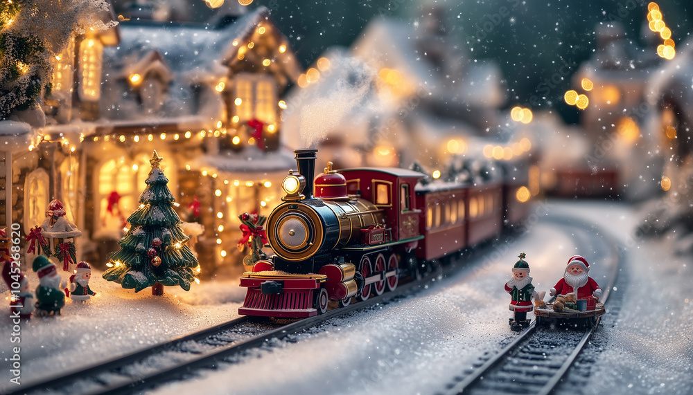 A vibrant Christmas train makes its way through a picturesque snowy village, blending with charming holiday decorations and cheerful Santa figures A vibrant Christmas train makes its way through a picturesque snowy village, blending with charming holiday decorations and cheerful Santa figures