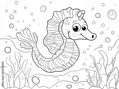 Cute cartoon seahorse swimming underwater with seaweed, bubbles, and a playful expression photo