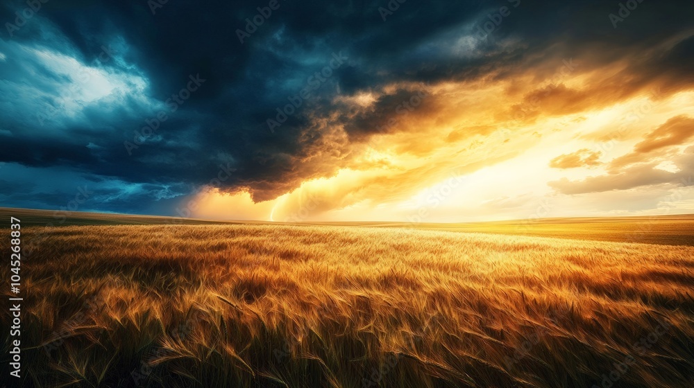 Golden Fields Under Dramatic Clouds at Sunset with Vibrant Sky Colors Golden Fields Under Dramatic Clouds at Sunset with Vibrant Sky Colors