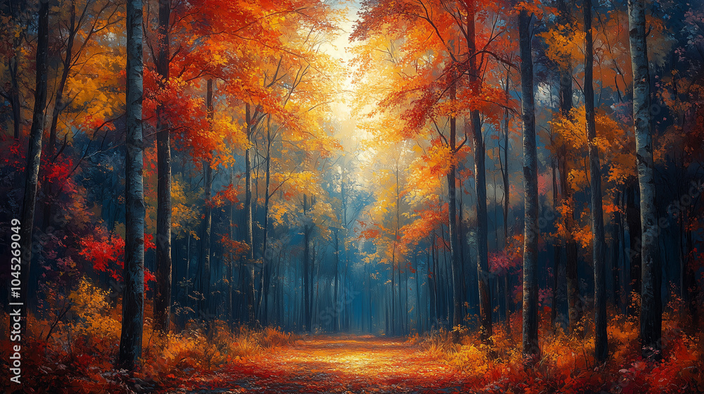 Vibrant autumn forest with sunlight streaming through the trees: A dense forest full of colorful autumn leaves in shades of red, orange, and yellow. Sunlight filters through the tr