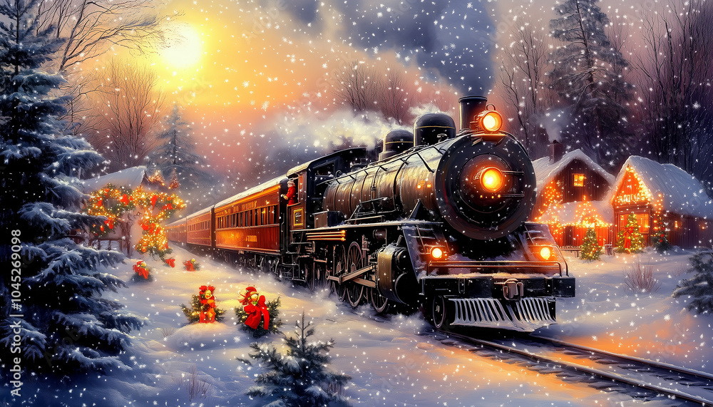 A vibrant Christmas train makes its way through a picturesque snowy village, blending with charming holiday decorations and cheerful Santa figures A vibrant Christmas train makes its way through a picturesque snowy village, blending with charming holiday decorations and cheerful Santa figures