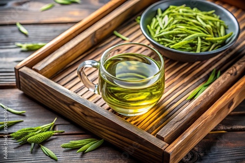 Fresh green Longjing tea on wooden tray with steeped cup photo