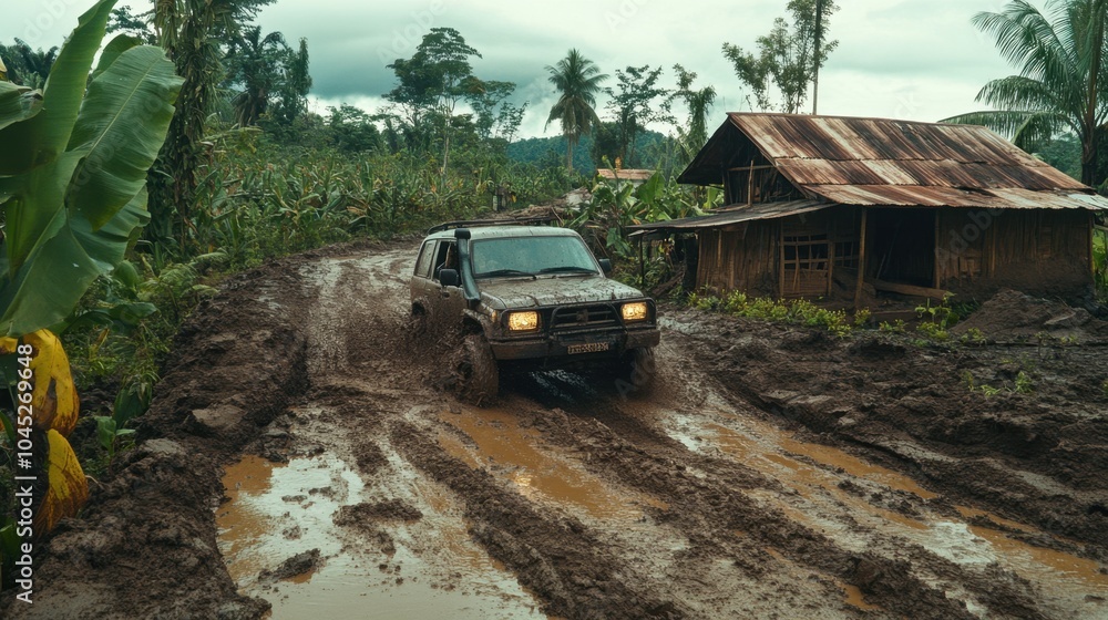 Off-road vehicle driving through thick mud on a remote village road, highlighting the rugged journey ahead. Off-road vehicle driving through thick mud on a remote village road, highlighting the rugged journey ahead.
