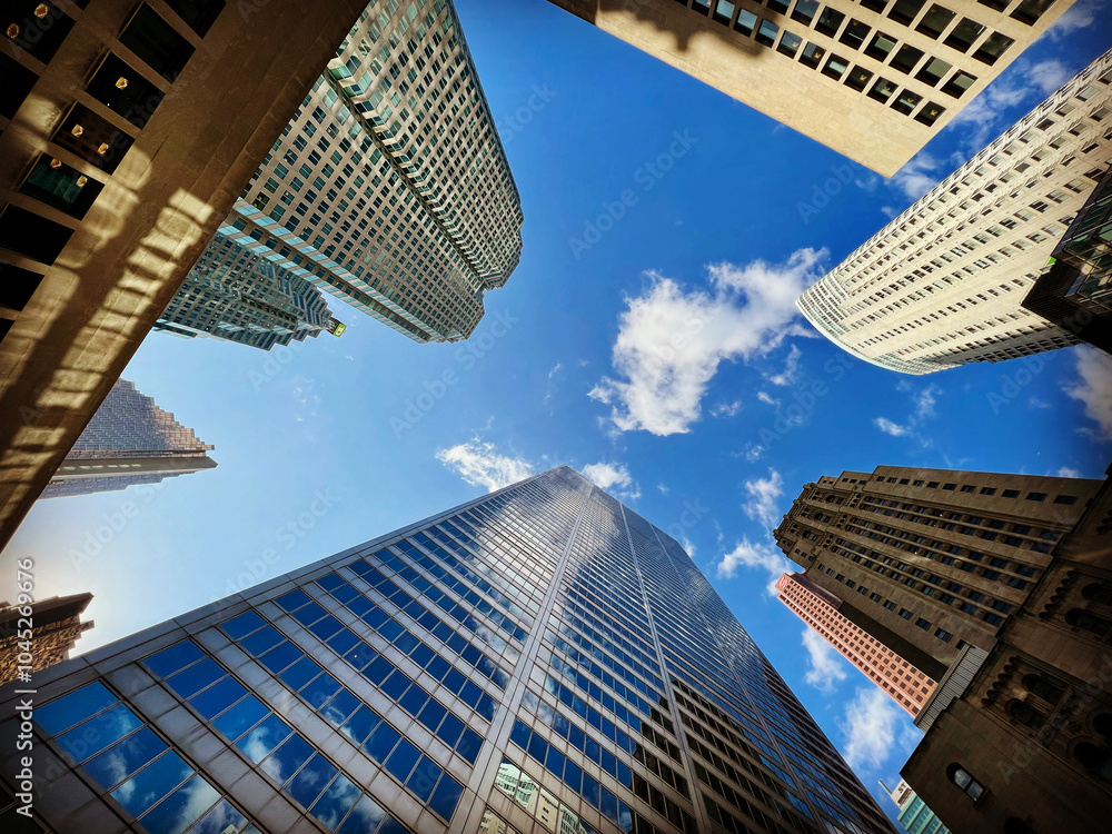 Naklejka premium Urban Serenity: A Ground-Level View of Toronto’s Sky