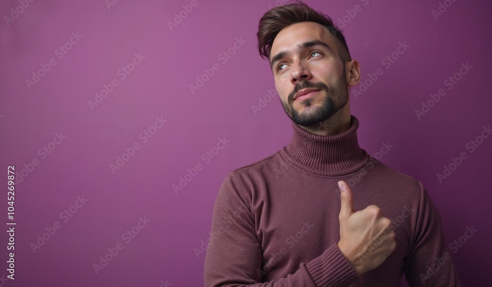 Confident man with thoughtful expression giving thumbs up against purple background with copy space Confident man with thoughtful expression giving thumbs up against purple background with copy space