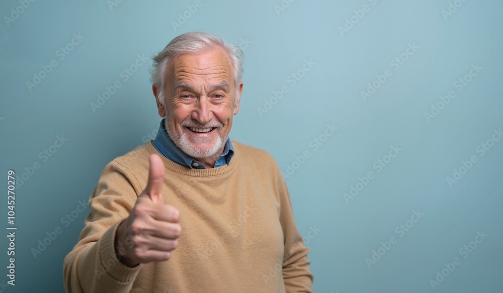 Cheerful Senior Man with Thumbs Up Against Teal Background with Copy Space Cheerful Senior Man with Thumbs Up Against Teal Background with Copy Space