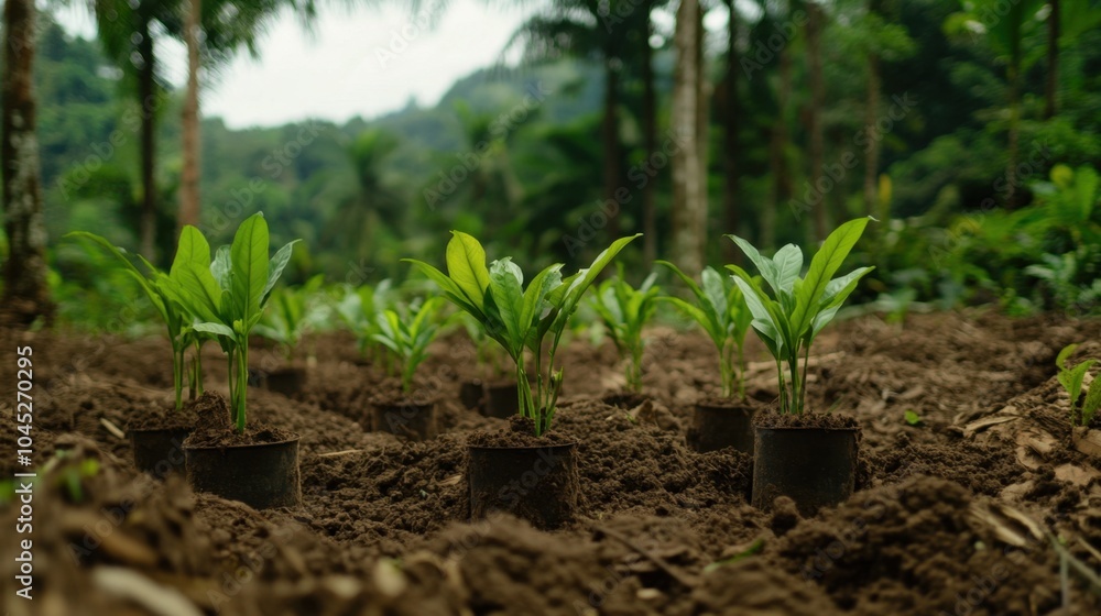 Planting new trees in a forest, saplings in the ground with a forest backdrop, emphasizing environmental restoration. Planting new trees in a forest, saplings in the ground with a forest backdrop, emphasizing environmental restoration.