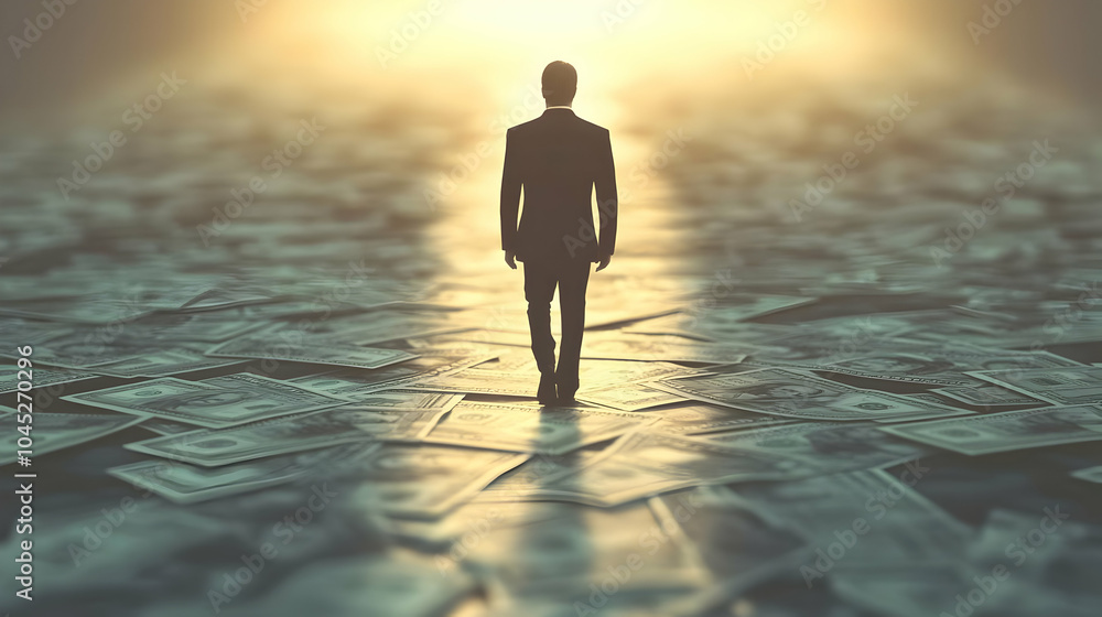 3D Businessman Walking on Dollar Bill Path Towards Bright Light, Confident Figure Representing Financial Success and Wealth Accumulation, Iconic Wide Shot for Stock Imagery, Isolated on White Backgrou 3D Businessman Walking on Dollar Bill Path Towards Bright Light, Confident Figure Representing Financial Success and Wealth Accumulation, Iconic Wide Shot for Stock Imagery, Isolated on White Backgrou