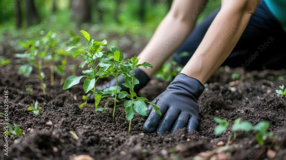 Planting new trees in a forest, saplings in the ground with a forest backdrop, emphasizing environmental restoration. Planting new trees in a forest, saplings in the ground with a forest backdrop, emphasizing environmental restoration.