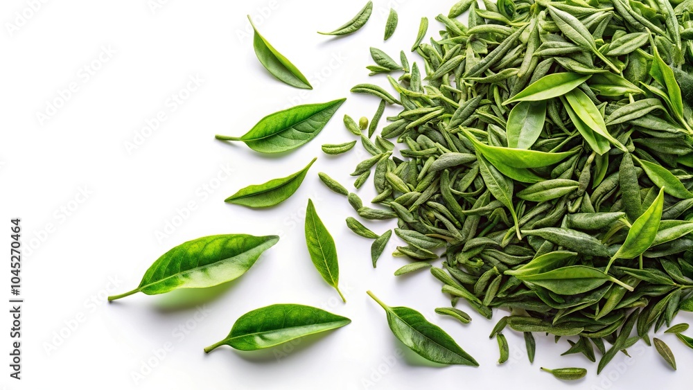 Fresh green tea leaves on white background from aerial view Fresh green tea leaves on white background from aerial view