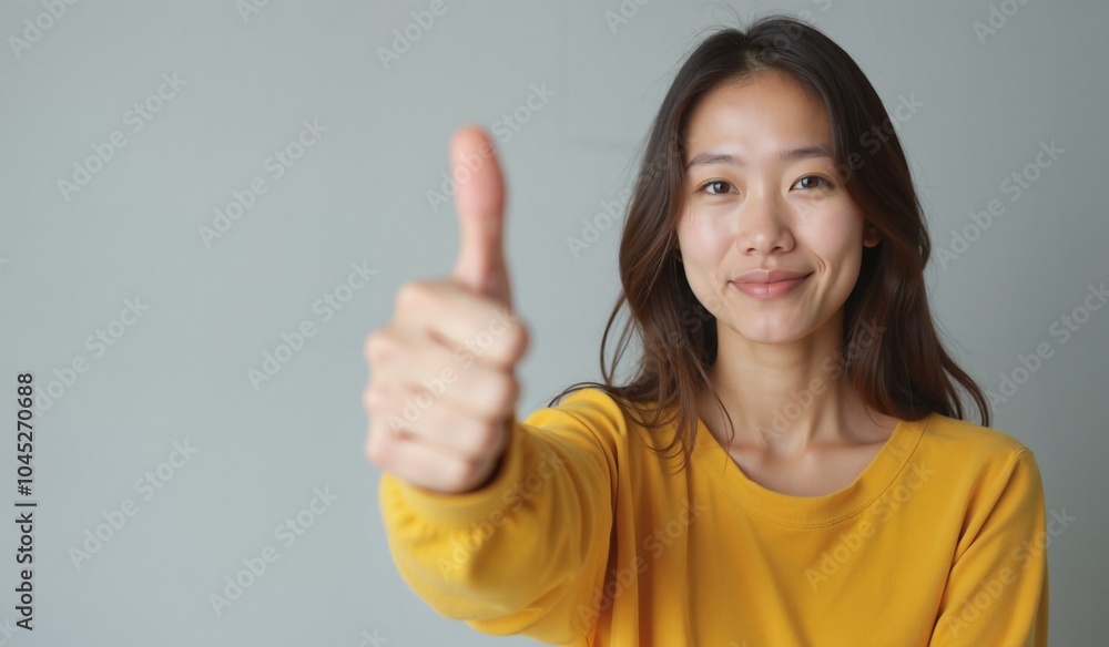Asian Woman Smiling Confidently Giving Thumbs Up Against Light Background with Copy Space Asian Woman Smiling Confidently Giving Thumbs Up Against Light Background with Copy Space