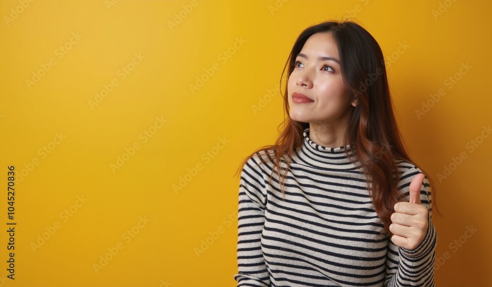 Woman with thoughtful expression giving thumbs up against vibrant yellow background with copy space Woman with thoughtful expression giving thumbs up against vibrant yellow background with copy space