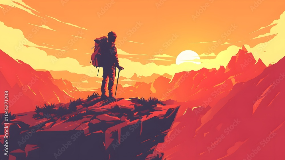 Fototapeta premium A black silhouette traveler standing on a cliff overlooking a vast mountain range, with a sunset backdrop in 2D vector style