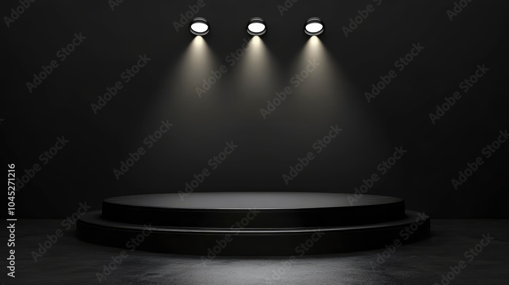 Round podium on black background dramatic lighting sleek design high contrast modern, abstract Black Stone Podium with Golden Lights, empty podium with smooth folds Round podium on black background dramatic lighting sleek design high contrast modern, abstract Black Stone Podium with Golden Lights, empty podium with smooth folds