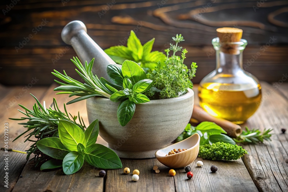 Fresh herbs being prepared in mortar and pestle with olive oil, basil, rosemary, thyme, oregano, parsley, and bay leaves Fresh herbs being prepared in mortar and pestle with olive oil, basil, rosemary, thyme, oregano, parsley, and bay leaves