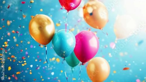 Empty white table top in front, blurred happy birthday party decoration background. Celebration blank scene with colorful balloons. Podium, pedestal, shelf