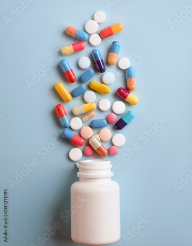 A vibrant cascade of pills and tablets spills from a white bottle onto a serene light-blue background, a captivating visual of medication.