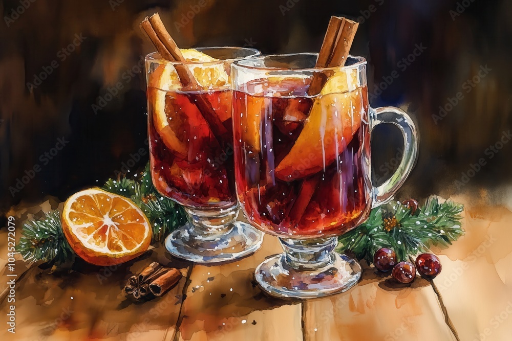mulled wine with cinnamon stick and orange slice on wooden rustic table, Watercolor illustration mulled wine with cinnamon stick and orange slice on wooden rustic table, Watercolor illustration