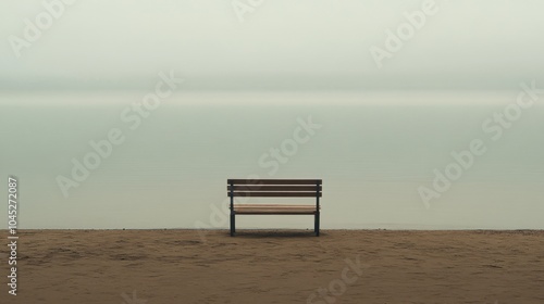 Serene beach with an empty bench, the calm waters and soft light creating a reflective, quiet moment.
