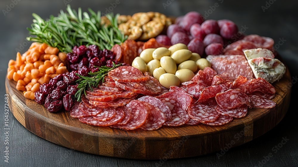 Round charcuterie board with fancy gourmet food Round charcuterie board with fancy gourmet food