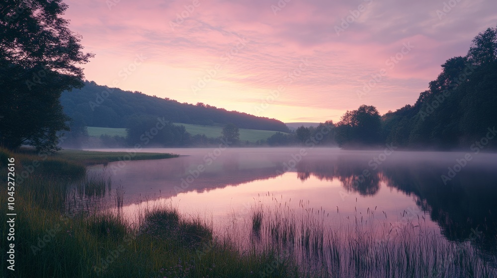 Fototapeta premium Peaceful Lake at Sunrise, Beautiful Colors Reflecting on Water, Surrounded by Lush Green Trees and Gentle Mist