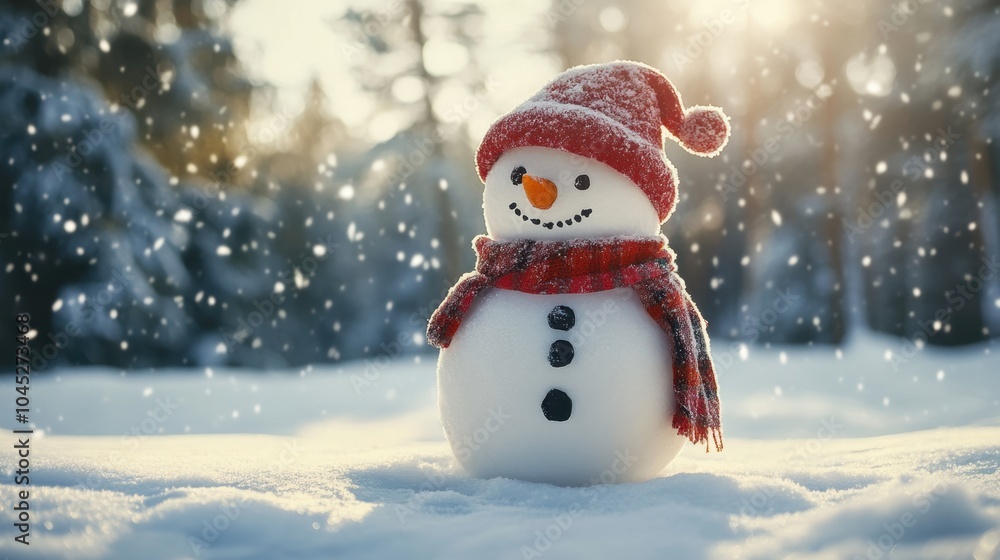 Snowman with a hat and scarf in a snowy woodland clearing, snowflakes falling gently around, creating a festive scene. Snowman with a hat and scarf in a snowy woodland clearing, snowflakes falling gently around, creating a festive scene.