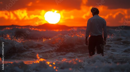 Troubled man in formal attire standing knee deep in the surf pondering whether to return or not with a burning sunset backdrop photo